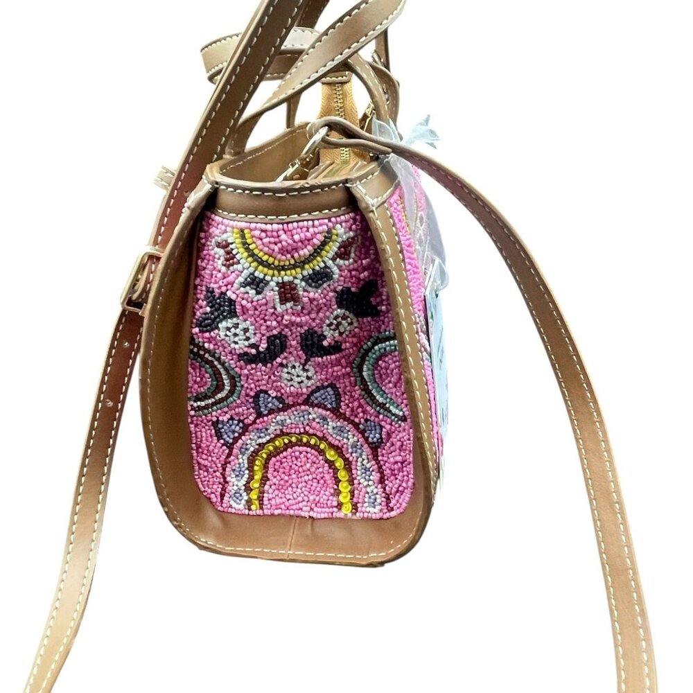 Pink Seed Bead Floral Mini Barrel Handbag Crossbody Strap Made In India New - Picture 4 of 10